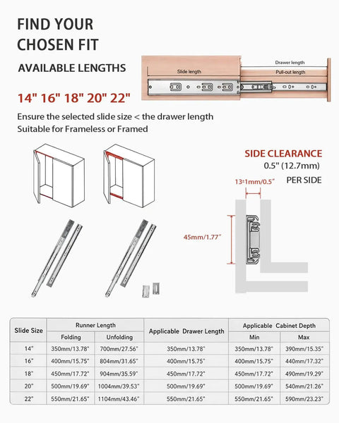 Diagram showing dimensions and compatibility of 14-22 inch Soft Close Drawer Slides 14 Inch Side Mount Glides, 6 Pair, 3 Fold Full Extension Ball Bearing Rails, Heavy Duty Cabinet Track For Office Desk Bedroom Nightstand Drawers, Quiet Smooth Operation, Rust Resistant, Durable And Easy Access.