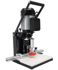 HQHAOTWU portable electric hinge boring machine; depth drill press, black frame with silver motor on white base
