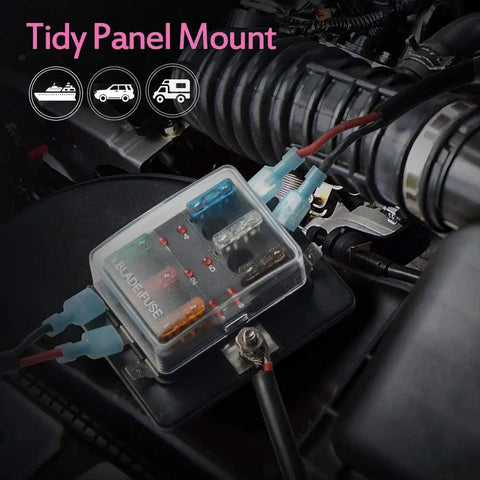 No Sweat Six Way Rv Fuse Block And Blade Box With Bright Led Indicators For 12 Volt DC Cars Boats And Trikes in a panel mount configuration.