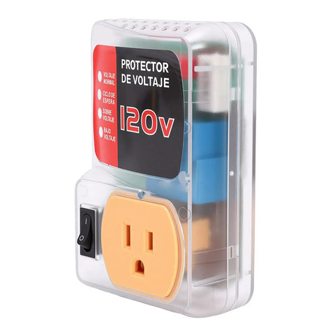 Heavy Duty Automatic Voltage Protector With Over And Under Voltage Cutoff Surge Shield For Fridge And AC And Home Electronics, transparent casing, 120V outlet, side switch.
