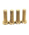 Top Shelf Brass Slotted Cheese Head Screw Pack Metric Sizes M2 Through M8 Solid round drive brass screws stacked in a row.