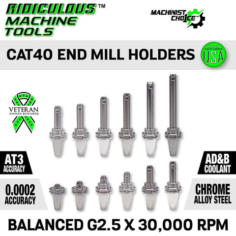 End Mill Holder For 1 Inch Shank And 1.75 Inch Bore G2.5 Balance 30,000 RPM 0.0002 TIR Through Spindle Coolant DIN AD B Beefy Solid Chromium Steel Build Machinist Choice, CAT40 holders