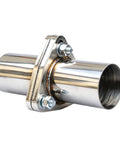 Built Tough Stainless Steel Exhaust Flange Repair Pipe Kit With 2.5 Inch Outside Diameter Three Bolt Configuration And Sealed Gasket, showing welded flange and bolts.