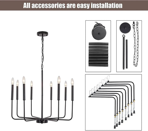 Dope Black Farmhouse Dining Room Chandelier With Adjustable Height Eight Candle Arms Pendant Light Fixture parts layout