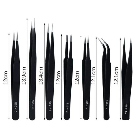 Pro Grade ESD Safe Tweezers Set, 7 Piece Stainless Steel Anti Static Precision Tweezers For Electronics, Jewelry Making, Lab Work