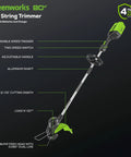 Greenworks 80V 13 inch string trimmer with aluminum shaft and adjustable handle featuring detailed labels for components.