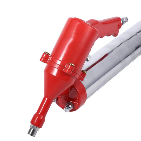 Red and chrome pistol grip of a Pistol Grip Grease Gun With 11 Inch Flex Hose One Hand Operation 2400 6000 PSI 14 oz Air Operated