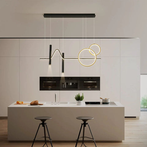 Dope Modern Dimmable Pendant Light With Linear Wave LED Chandelier above a minimalist kitchen island, black and gold finish, 45W fixture.