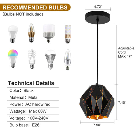 Black Industrial Pendant Lights For Kitchen Island With Geometric Diamond Shade details and recommended bulbs