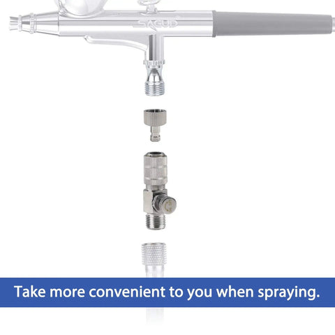 Airbrush Quick Release Disconnect Coupler Kit With Adjustable Valve Easy Connect No Screw Hassle Includes Four Extra Female Fittings And Five O Ring Set One Eighth Inch Male To One Eighth Inch Female Hose Connections product image, showing kit parts disassembled.
