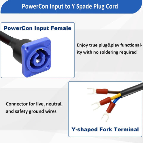 Plug And Play 3 Pin PowerCon Input Female Panel Mount Cable With Y Spade Terminal Extender For Stage Lighting And Led Rig 16AWG connector with Y-shaped terminals.