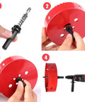 Assembly steps for 4 Inch HSS Bi-Metal Hole Saw With Arbor And Mandrel, showing parts and a drill attachment