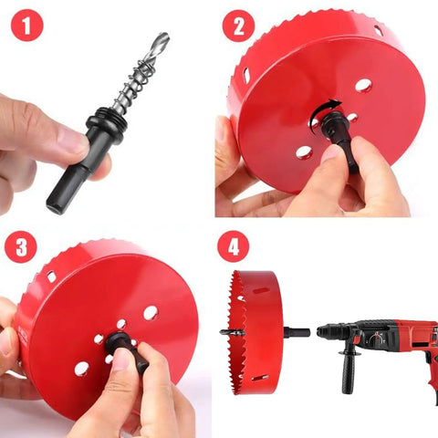 Assembly steps for 4 Inch HSS Bi-Metal Hole Saw With Arbor And Mandrel, showing parts and a drill attachment