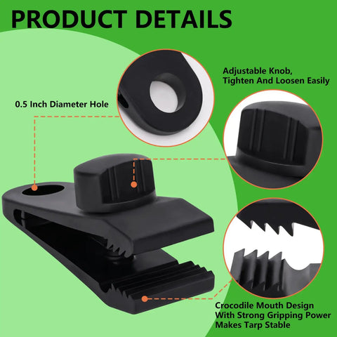 Close-up of Heavy Duty Tarp Clips With Lock Grip Clamp 20 Pack, showing crocodile design and adjustable knob detail.