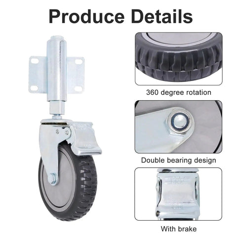 Beefy Spring Loaded Gate Support Wheel For Wooden And Metal Gates, Heavy Duty Gate Roller With 200 Lbs Load Capacity, 5 Inch Wheel, Foot Brake, 360 Degree Rotating Bearings, Iron And PVC Build