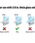 Diagram showing Frameless Shower Door Bottom Seal For 3/8 Inch Glass, 36 Inch Doors, Clear Vinyl Pack Of 4 suitability by glass size.