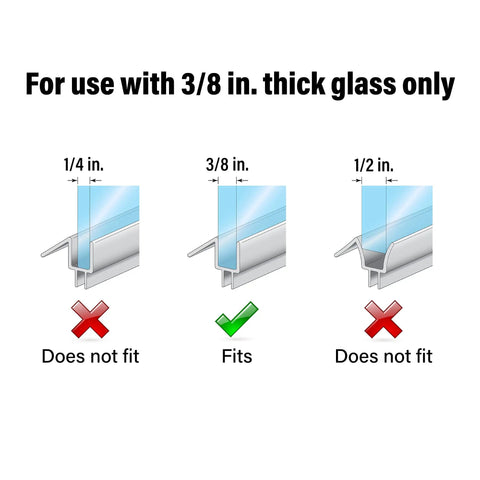 Diagram showing Frameless Shower Door Bottom Seal For 3/8 Inch Glass, 36 Inch Doors, Clear Vinyl Pack Of 4 suitability by glass size.