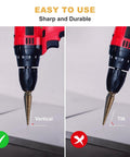 Heavy Duty 5 Piece Titanium Coated Step Drill Bit Set For Wood Plastic Aluminum With High Speed Steel Bits Cone Unibit Drills Dual Flute 118 Degree Split Point Built For DIYers And Multi Size Hole Cutting in a drill, demonstrating vertical and tilted use.