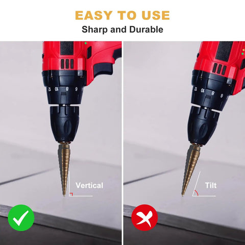 Heavy Duty 5 Piece Titanium Coated Step Drill Bit Set For Wood Plastic Aluminum With High Speed Steel Bits Cone Unibit Drills Dual Flute 118 Degree Split Point Built For DIYers And Multi Size Hole Cutting in a drill, demonstrating vertical and tilted use.