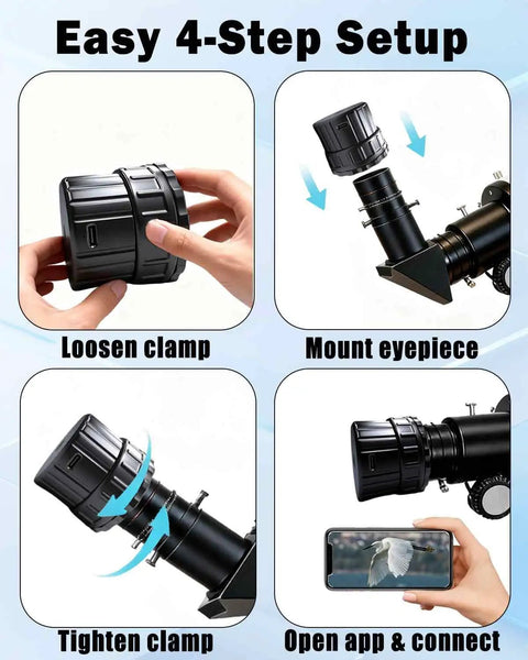 Wireless Electronic Eyepiece For Telescopes, 30m WiFi Range, 1080P FHD Real Time Recording, setup steps infographic