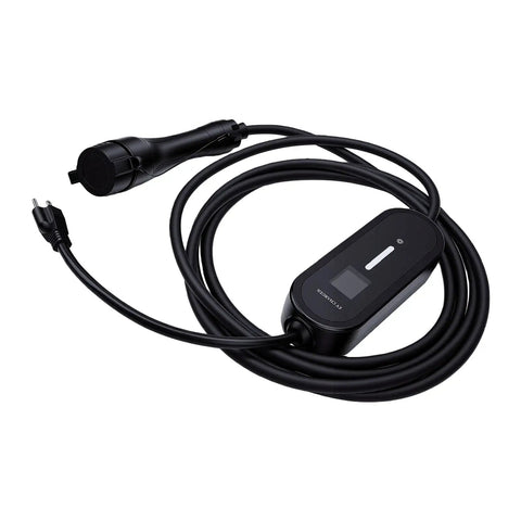 Plug And Play J1772 Level 1 Portable EV Charger Adjustable 6 To 16 Amps Weatherproof Electric Vehicle Plug Cord view with display and connector.