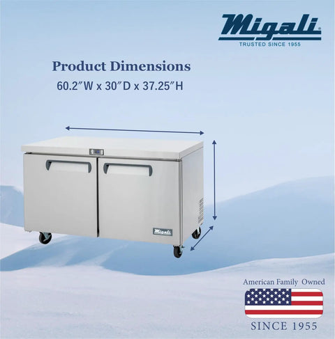 Straight Up 60 Inch Under Counter And Work Top Freezer With Dope Stainless Steel Finish and dimensions 60.2"W x 30"D x 37.25"H.