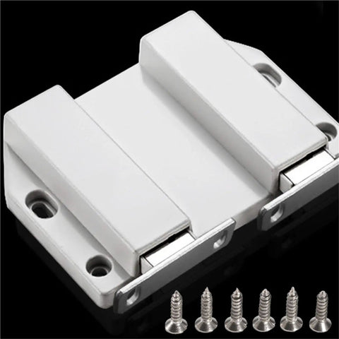 Heavy Duty Push To Open Cabinet Latch Black Beefy Stainless Steel Catch for hidden doors with screws shown