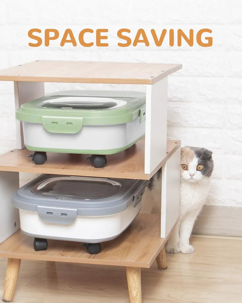 Dog Food Storage Container With Collapsible Body Attachable Casters And Scoop Plus Travel Silicone Bowl in storage unit