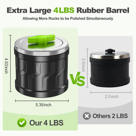 Comparison of Pro Grade Rock Tumbler Kit With 4 Pound Extra Large Barrel vs. a 2 lbs barrel, highlighting size difference.