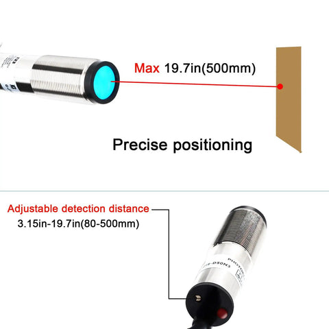 12V And 24V Laser Sensor Photoelectric Switch, M18, showing detection range up to 19.7 inches for precise positioning in automation.