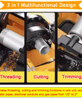 Rugged Industrial 3 In 1 Electric Pipe Threading Tool For Half To Two Inch Pipes With Durable Alloy Steel Cutter Head That Handles Water Gas And Electrical Conduit Jobs Like An Absolute Badass 220V showing threading, cutting, and trimming features.
