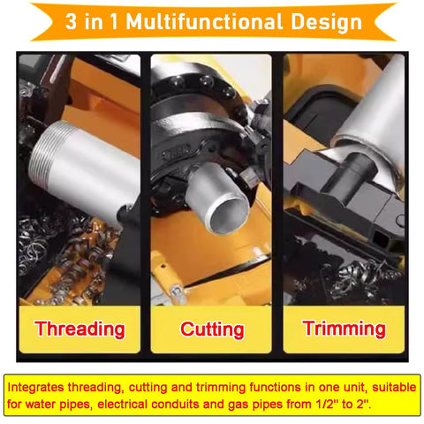 Rugged Industrial 3 In 1 Electric Pipe Threading Tool For Half To Two Inch Pipes With Durable Alloy Steel Cutter Head That Handles Water Gas And Electrical Conduit Jobs Like An Absolute Badass 220V showing threading, cutting, and trimming features.