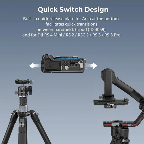 Camera Cage For Canon R50 V With Built In Ergonomic Silicone Grip Arca Quick Release Plate And Multiple Mounts in quick switch setup.