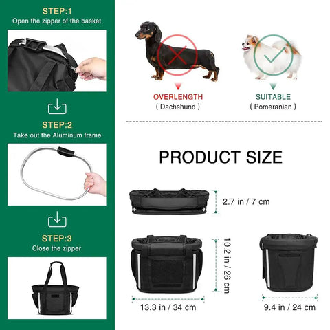 Front Dog Bike Basket For Small Pups Up To 11 Lbs Folding Pet Carrier instruction and size guide