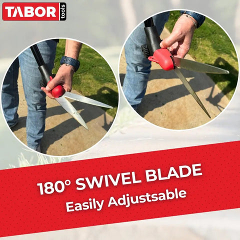 Adjusting 180° swivel blade on Long Reach Grass Shears With Wheeled Glide Support And 180 Degree Swivel Blade, 38 Inch Chrome Plated Steel Handles.