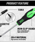 Magnetic Torx Screwdriver Set 13 Piece T5 To T40 Pro Grade with green handle and magnetic tip holding screws