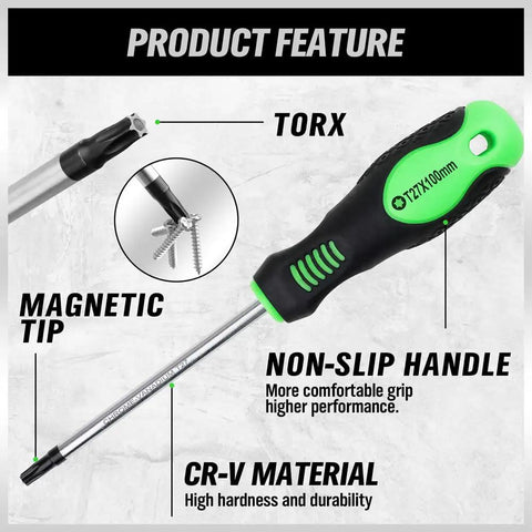 Magnetic Torx Screwdriver Set 13 Piece T5 To T40 Pro Grade with green handle and magnetic tip holding screws