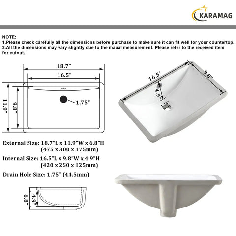 White Rectangular Undermount Bathroom Sink 18.7 By 11.9 Inches Porcelain Ceramic Vanity Basin With Overflow No Faucet Holes Sleek Modern Look For Your Bath And Powder Rooms Durable Easy Clean Construction