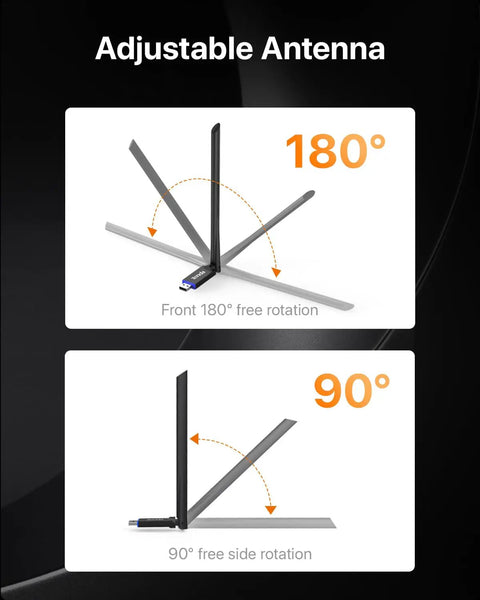 AX900 Ultra Fast WiFi 6 USB Adapter with adjustable 6dBi high gain antenna showing 180° and 90° rotation angles.