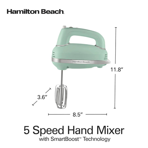 Retro 5 Speed Electric Hand Mixer With SmartBoost Tech And Powerful Dc Motor Designed For Effortless Mixing Whipping Dough And Creating Delicious Homemade Desserts This Slick Kitchen Gadget Rocks Smooth Operation For All Your Baking Needs in mint green color with stainless beaters.