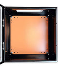 Interior view of Brew Panel Wall Mount Black Steel Enclosure With Knockouts Removable Door Lock and Key, showing empty space.