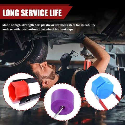 Three Piece No Sweat Wheel Hub Bolt Cover Removal Tool Set Killer Lug Nut Extractor Hooks in use under a vehicle.