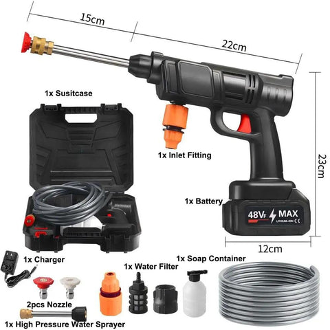 Portable Cordless Pressure Washer With 30 Bar High Pressure Water Spray Gun And 48V Battery with accessories layout