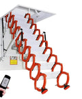 Premium Telescoping Attic Ladder With Folding Loft Stairs And Electric Ceiling Mount Steps shown extended with remote.