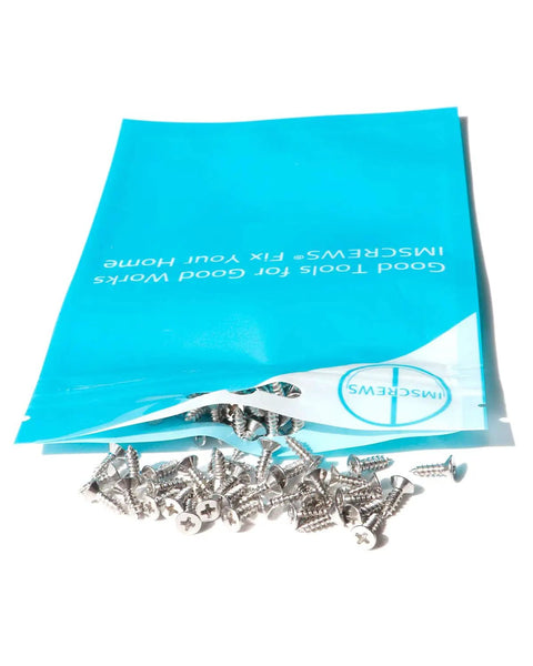 Premium 18-8 304 Stainless Steel Wood Screws 200 Pack Flat Head Phillips Self Tapping Fasteners spilled from blue pouch.