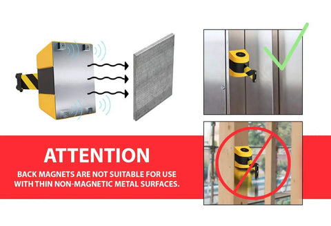Diagram showing WMB-230 Magnetic Wall Mount Retractable Belt Barrier used on metal surface with caution about non-magnetic surfaces.