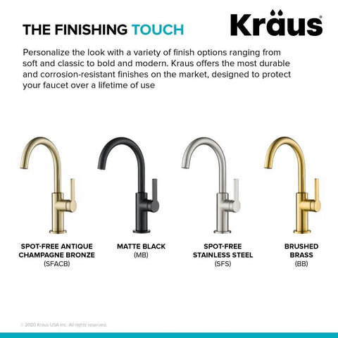 Kraus faucets in finishes: Spot-Free Antique Champagne Bronze, Matte Black, Spot-Free Stainless Steel, Brushed Brass.