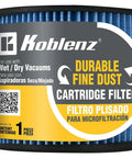 Koblenz fine dust cartridge filter visible with packaging and label for 5 to 16 gallon wet and dry vacuums, style 45-1170-00-5
