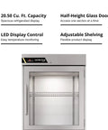 Kickass 23 Inch Commercial Reach In Refrigerator With Right Hinged Split Glass Doors Providing Twenty Point Five Cubic Feet Of Space For Kitchen Crews Staging Prep Batches And Backup Gear with half-height glass doors.