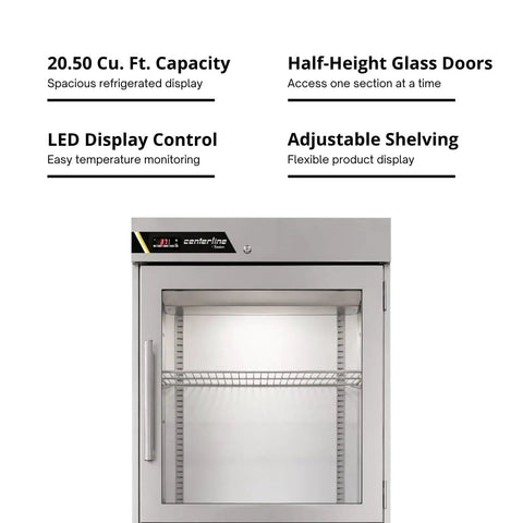 Kickass 23 Inch Commercial Reach In Refrigerator With Right Hinged Split Glass Doors Providing Twenty Point Five Cubic Feet Of Space For Kitchen Crews Staging Prep Batches And Backup Gear with half-height glass doors.